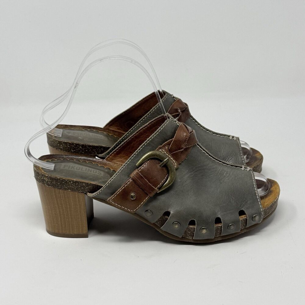 Pikolinos Praga Clog Sandals Womens 8.5 EU 39 Olive Green Leather Wooden Heel